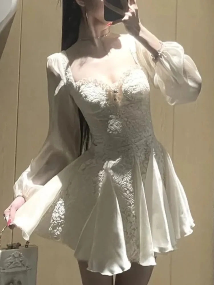 Lace Patchwork Mini Dress for Square Collar Long Sleeves Princess Birthday Evening Dresses Aline Short Vestidos