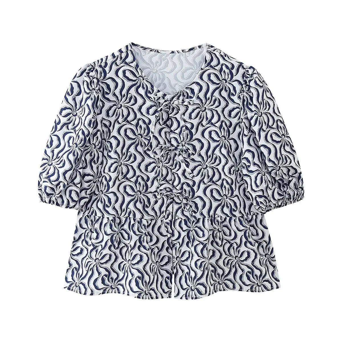Summer Printed Cropped Shirts Top Puff Short Sleeves Round Neck Blouse Female Laceup Tshrit