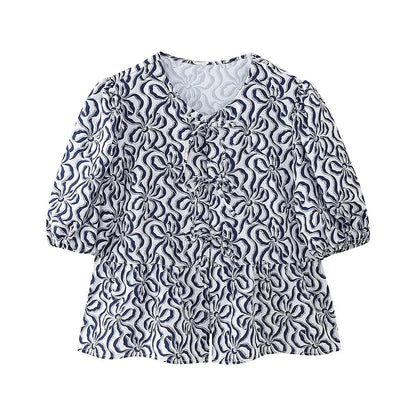 Summer Printed Cropped Shirts Top Puff Short Sleeves Round Neck Blouse Female Laceup Tshrit