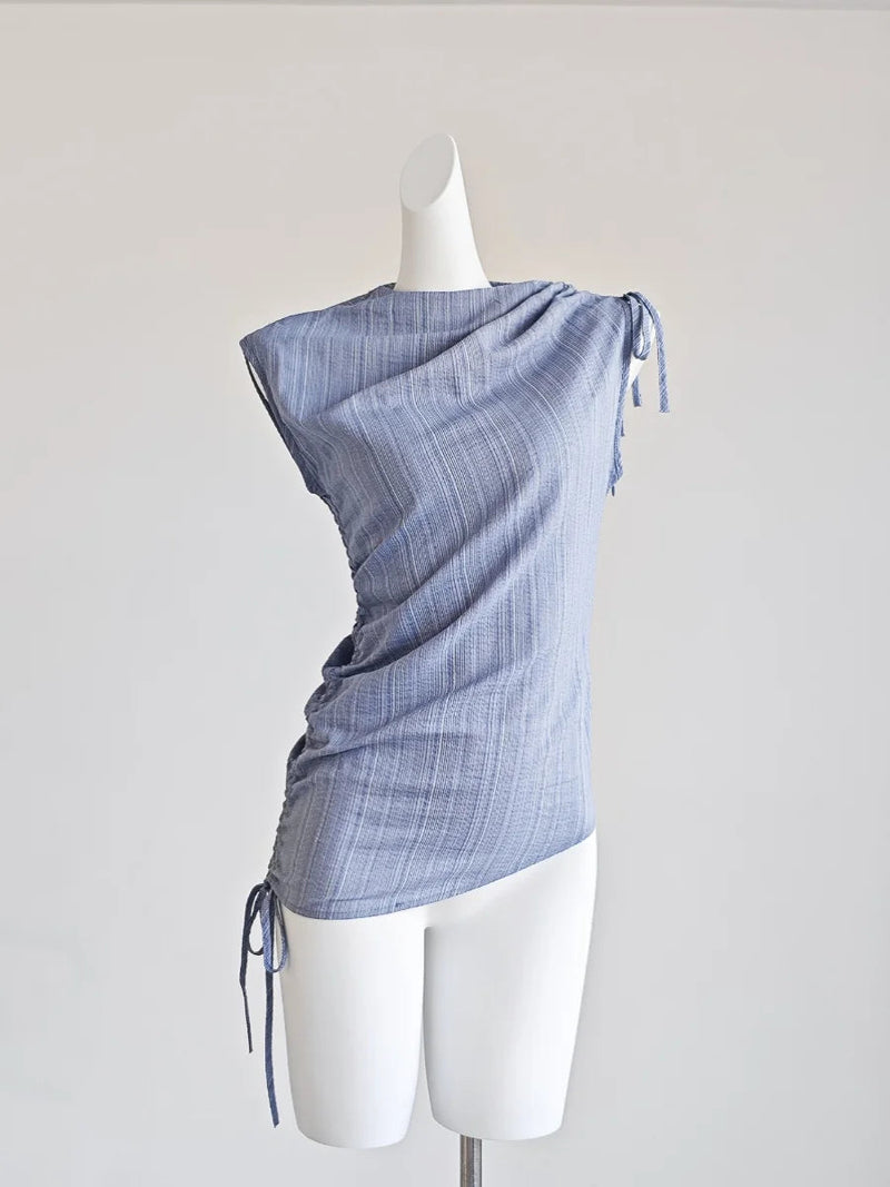 French Blue Striped Drawstring Strap Shirt for Summer Outfit Sweet Girli Irregular Slim Fit Sleeveless Blouses Tops