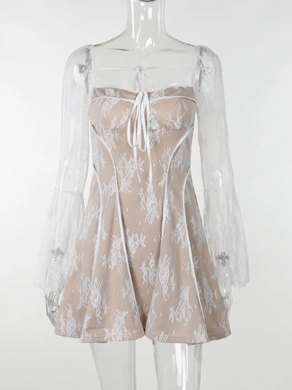 Print Mini Dress for Autumn Winter New Square Collar Long Sleeve Backless Loose Club Party Dress
