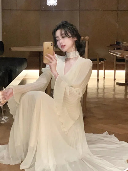 Autumn Pleated Long Dresses for Halter V-neck Flare Sleeve Wedding Party Dress Korean One Piece Vestidos New