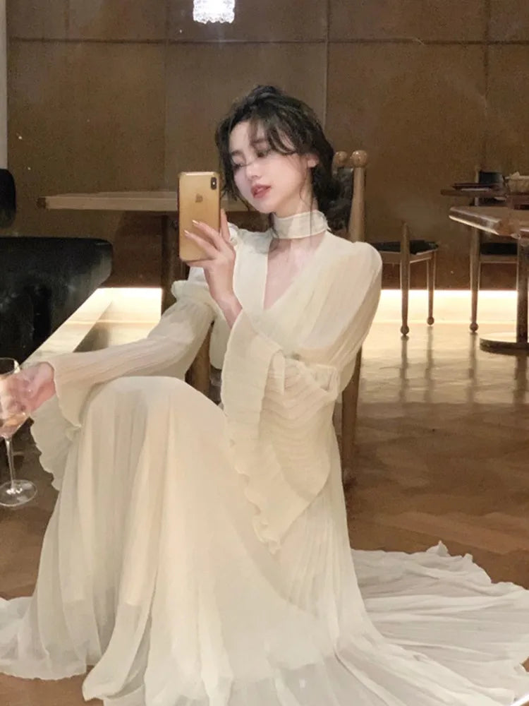 Autumn Pleated Long Dresses for Halter V-neck Flare Sleeve Wedding Party Dress Korean One Piece Vestidos New