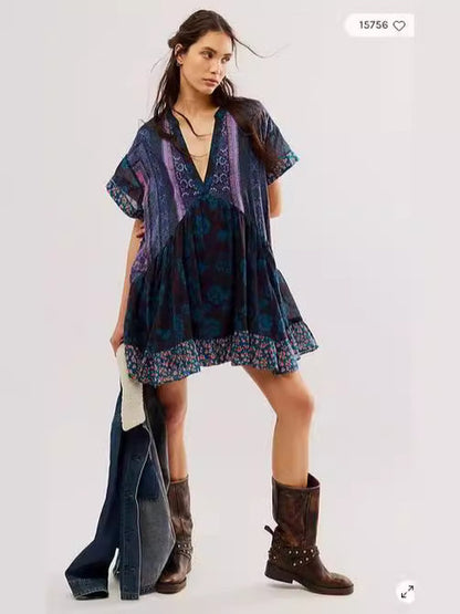 Color Print Mini Dresses Spring Summer New V-neck Short Sleeves Folds Loose Irregular Short Dress Vestidos