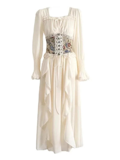 Midi Dresses for With Wide Corset Belt Ruffles French Party Dress Birthday Prom Robe Vestido
