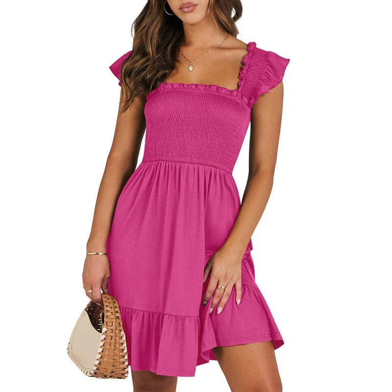 New Summer Mini Dress Sleeveless Backless Square Neck Smocked Ruffle Mini Dress Aline Swing Sundress