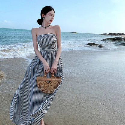 Summer Black White Striped Club Off Shoulder Long Dresses High Waist Backless Pleated Strapless Sundress