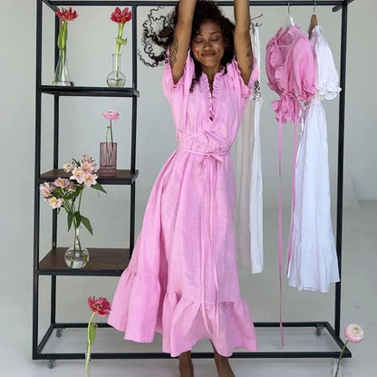 Leisure V-neck Lace Up White Maxi Dress for Color High Waisted Short Sleeves Ruched Patchwork Girdle Dress