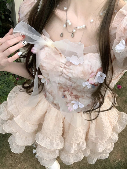 Lolita Kawaii Sweet Mini Dress Retro Lace Party Dress Summer Japanese Style One Piece Dress