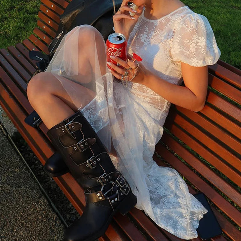 White Lace Dress Fairycore Seethrough Beach Vacation Dress Mesh Long Dresses Y2k Coquette