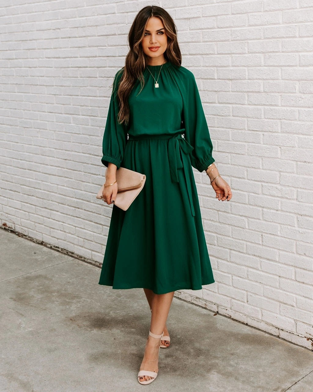 Office Dress Formal Loose Green Long Sleeve Belt A-line Midi Dresses