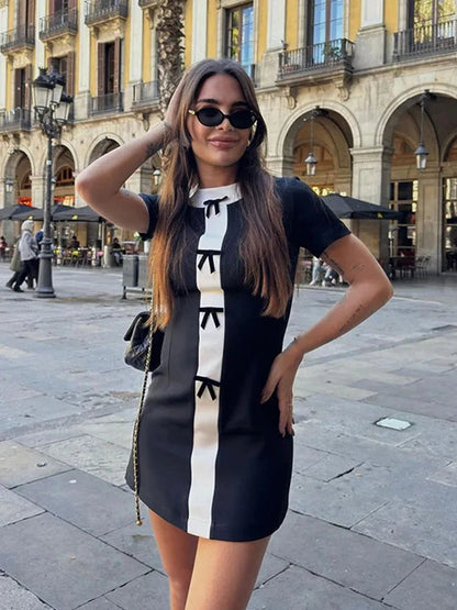 Summer Dresses Woman White Black Oneck Short Sleeves Bow Decorate Zipper Female Mini Dress