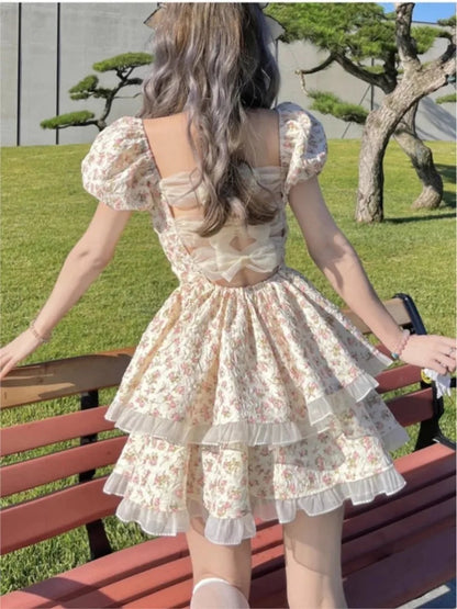 Print Mini Dress Spring Summer Hollow Out Princess Party Dresses Female Vestidos