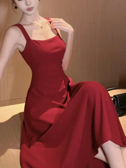 Summer Midi Dress Spaghetti Strap Square Collar High Waist Slim Evening Party Dresses Prom Robe Vestido New