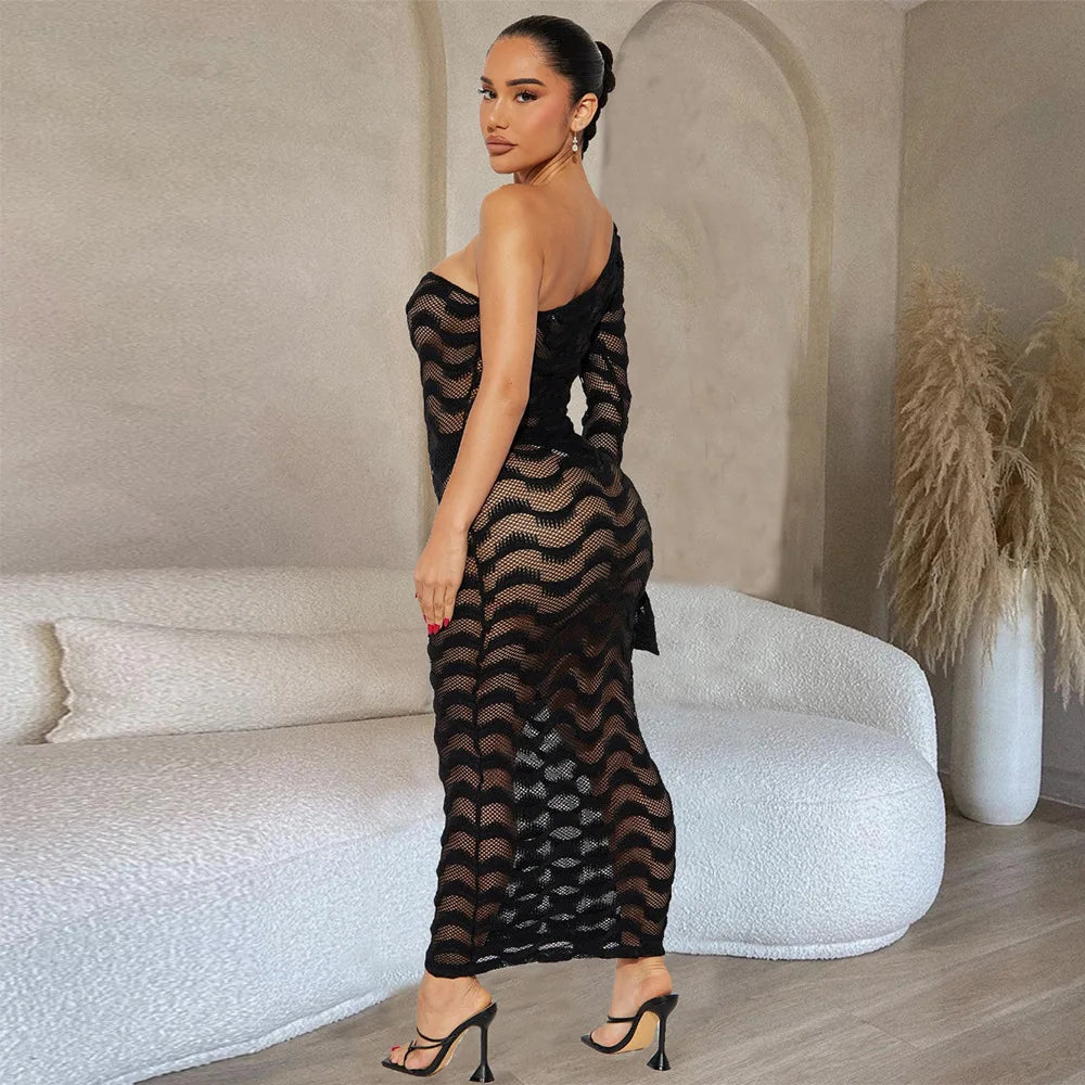 One Shoulder Flare Sleeve Beach Dress See Through Slim Maxi Dress Long Dress Holiday Beach Outfit