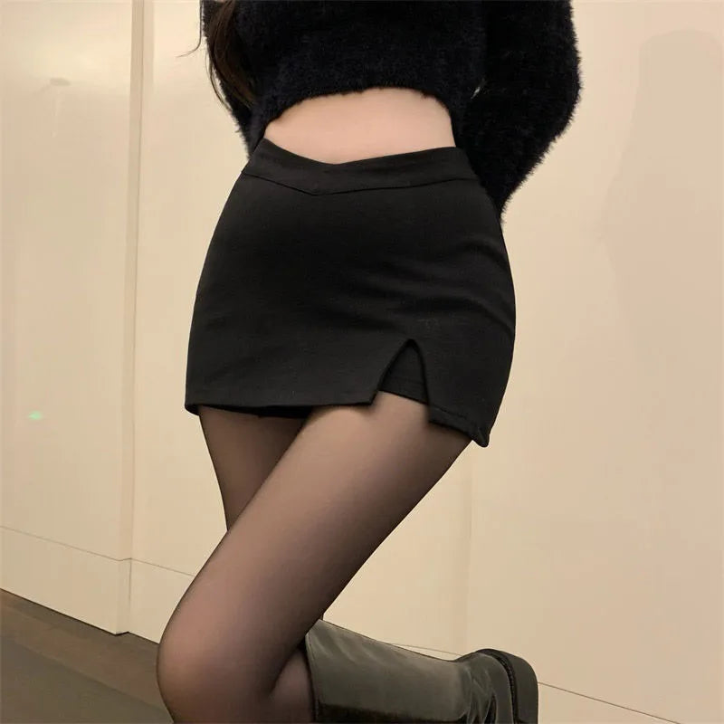 Black Split Mini Skirts Summer Club High Waist Slit Skirt Korean Party Irregular Slim a Line Skirt