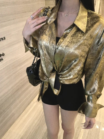 Y2k Golden Color Shirt Female Long Sleeve Blouse Button Up Oversized Spring Autumn Top