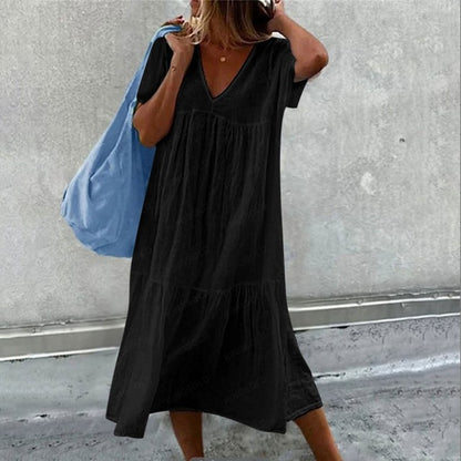 Color Cotton Linen Midi Dresses V-neck Short Sleeves Loose Dress Simple Style Lady Commuting Vestidos