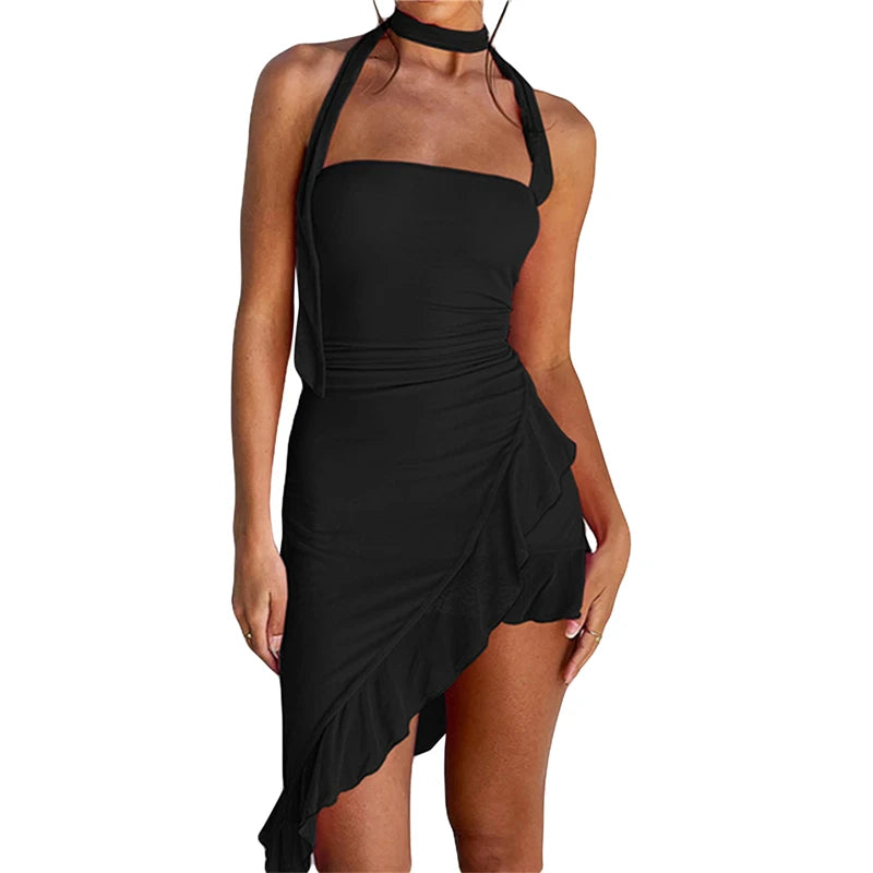 Ruffled Dresses for Summer Color Sleeveless Halterneck Backless Irregular Hem Midi Dress Y2k Party Dress