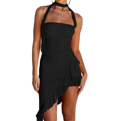 Ruffled Dresses for Summer Color Sleeveless Halterneck Backless Irregular Hem Midi Dress Y2k Party Dress