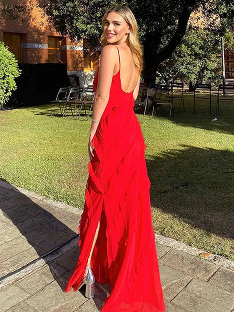 Ruffle Backless Maxi Dress New Vneck Sleeveless Suspender Slit Long Dresses Evening Party Dress