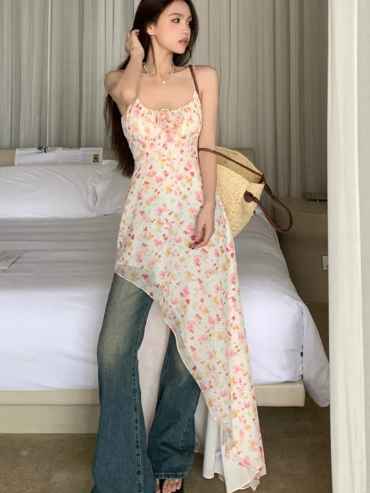 Midi Dress Sleeveless Print Slim Backless Camisole Dresses Holiday Party Spring Summer New Clothing
