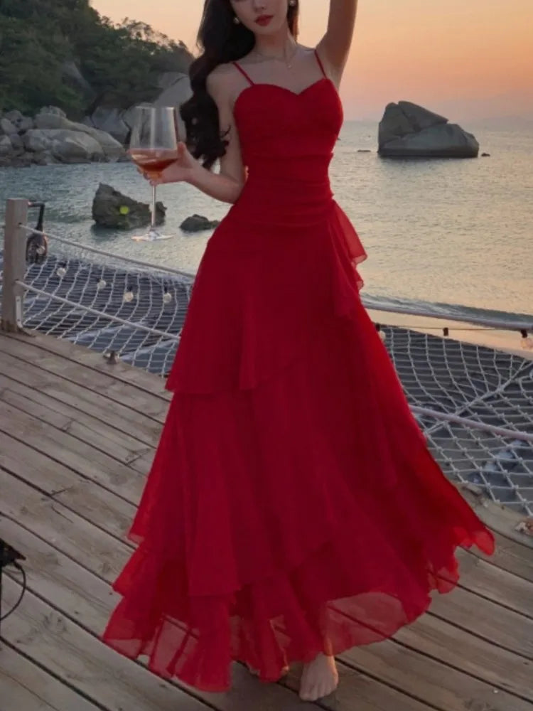 Summer Red Dresses Spaghetti Strap Sleeveless Ruffles Birthday Party Long Dress Holiday Prom Aline Vestidos New