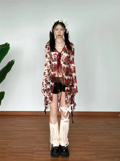 Print Blouse Female Gothic Style Red Flare Sleeve Mesh Transparent Shirt Slim Emo Laceup Cardigan