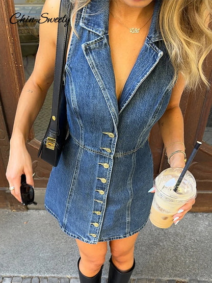 Denim A-line Mini Dress Deep V-neck Sleeveless Single Breasted High Waist Short Dresses Summer Slim