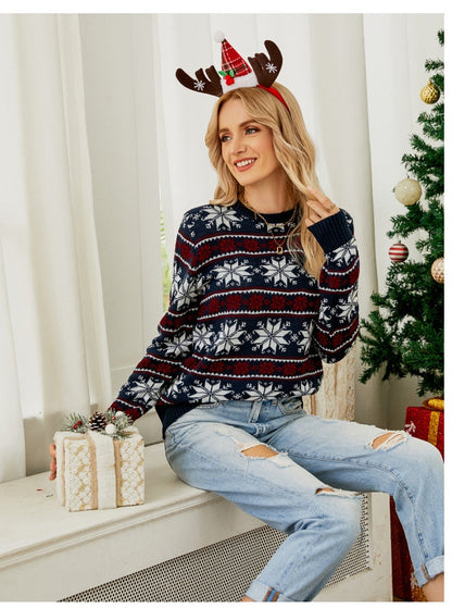 Long Sleeve Small Snowflake Slim Red Christmas Print Sweater Knit Jumperpullover Sweater