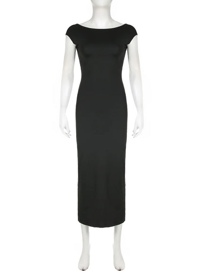 Backless Skinny Short Sleeve Long Dress Summer Vacation Outfits