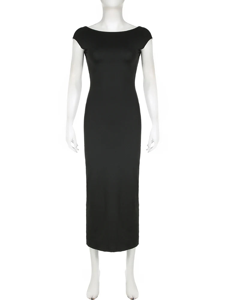 Backless Skinny Short Sleeve Long Dress Summer Vacation Outfits