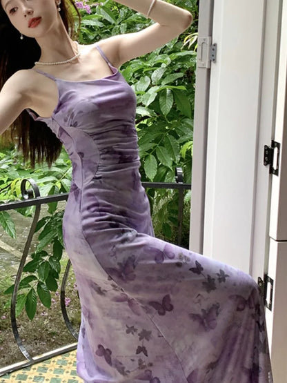 Printed Long Dresses for Mesh Spaghetti Strap Slim A-line Party Dress Summer Korean One Piece Vestido Mujer