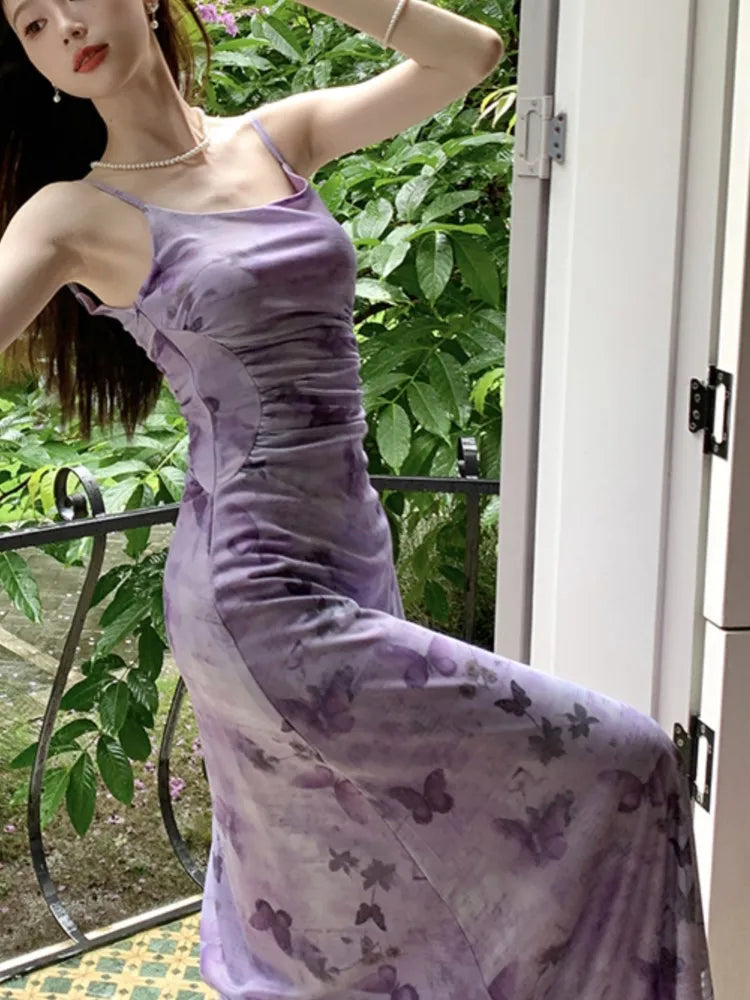 Printed Long Dresses for Mesh Spaghetti Strap Slim A-line Party Dress Summer Korean One Piece Vestido Mujer