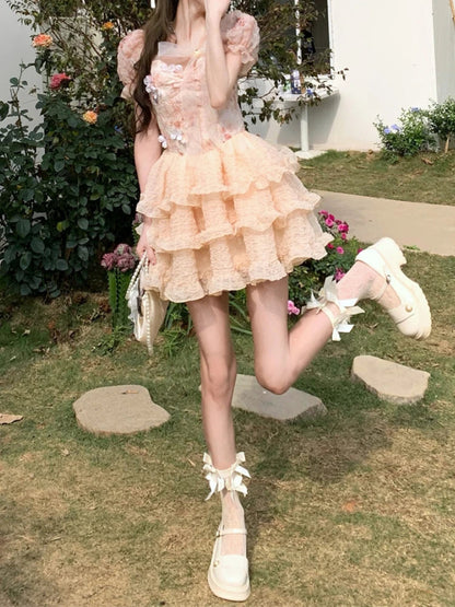 Lolita Kawaii Sweet Mini Dress Retro Lace Party Dress Summer Japanese Style One Piece Dress