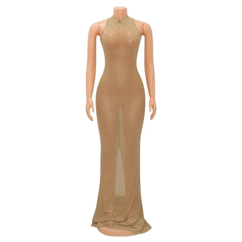 Gold Rhinestone Mesh Prom Maxi Dress Long See Through Outfits Party Diamond Night Club Bodycon Dresses