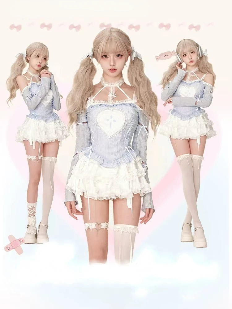 Japanese Style Lolita Skirt Sets Woman Harajuku Kawaii Print Blouse + Slim Cake Skirt Y2k Mini Skirt Hot 2000s