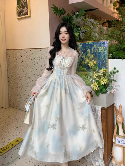 V Neck Long Dress Spring Summer Aline French Style Dresses Sweet Aline Vestidos Mujer