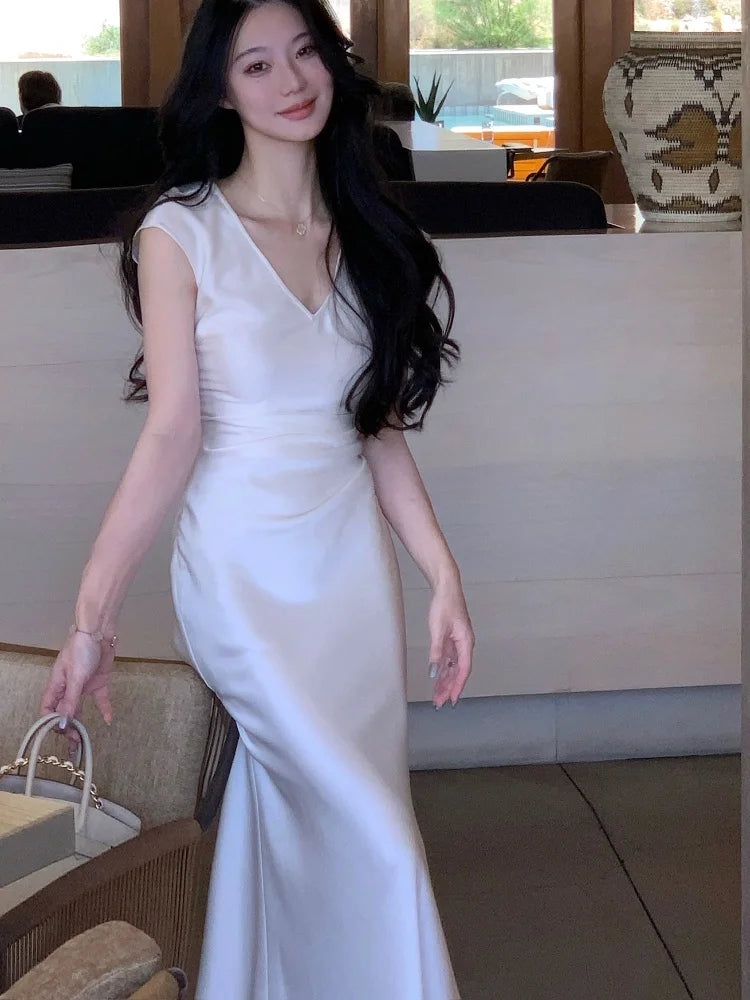 Vneck Slim Midi Dresses for Sleeveless Party Prom Female Clothes Summer