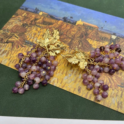 Grape & Gold Leaf Tassel Earrings