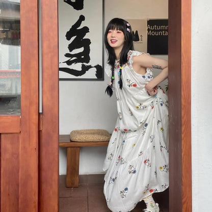 Retro Sleeveless Dress Summer New High End Sweet Fairy Printed Strap Travel Photo Long Dresses