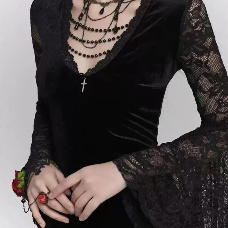 Gothic Black Midi Dresses V-neck Irregular Flrae Sleeve Y2k Lace Bandage Dark Style Harajuku Clothing New