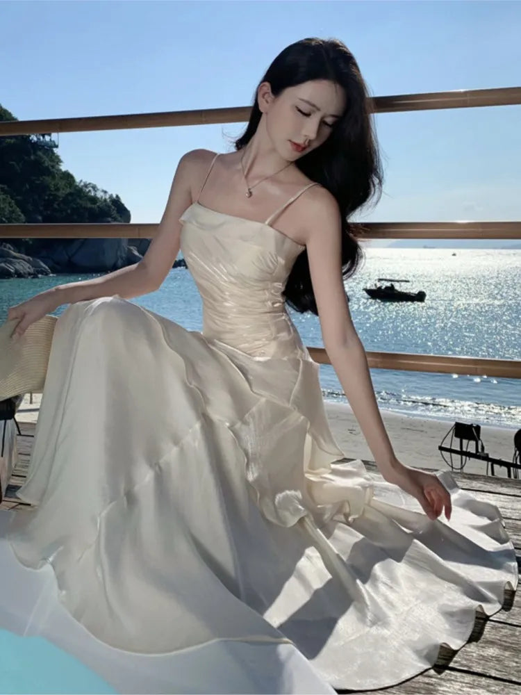 Ruffles Birthday Party Dresses Summer Irregular Spaghetti Strap Sleeveless Long Dress Slim Holiday Beach Vestidos