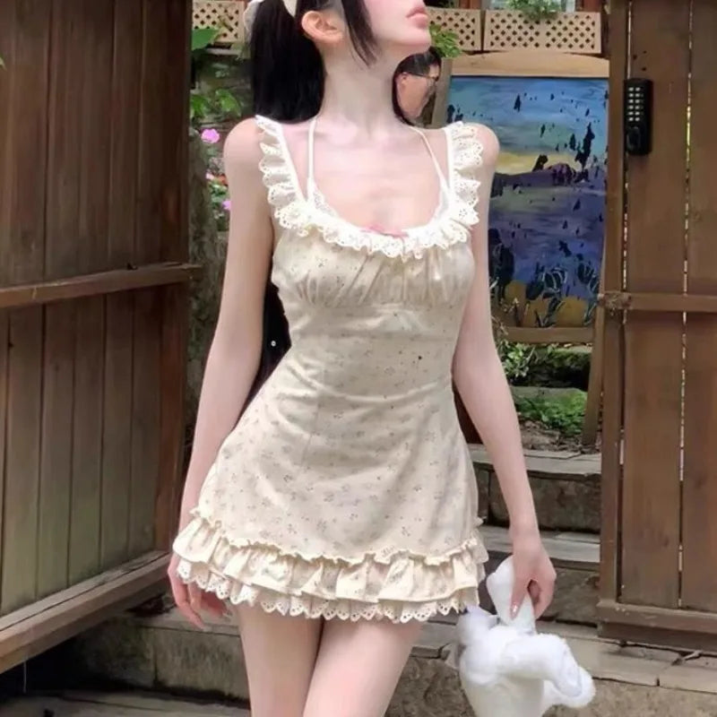 Dress Sweet Sleeveless Lace Patchwork Bow Square Collar Slim Mini Dresses Party Spring Summer