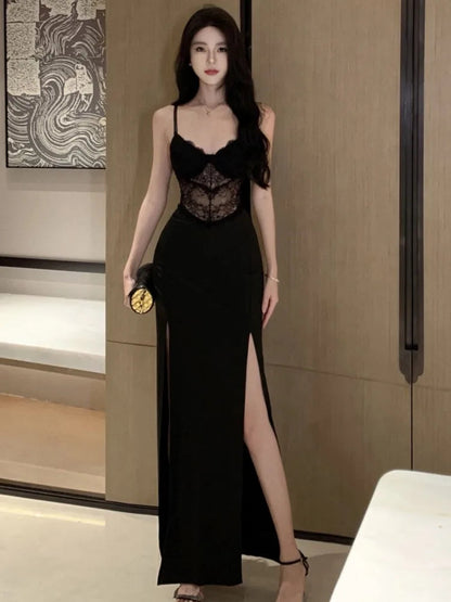 Black Lace Long Dresses for Summer New Hollow Out High Split Bodycon Camisole Evening Party Dress Prom Robe Vestido