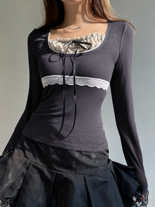 Contrast Color Patchwork Lace Trim Balletcore Y2k Gray T-shirt Japanese Kawaii Slim Basic Long Sleeve Lace-up Tee