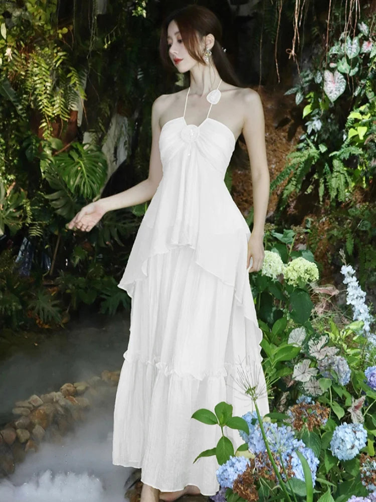 Korea Sweet Fairycore Halter Long Dress Ruffles Birthday Party Dress Summer Aline Vestidos Female New Robe