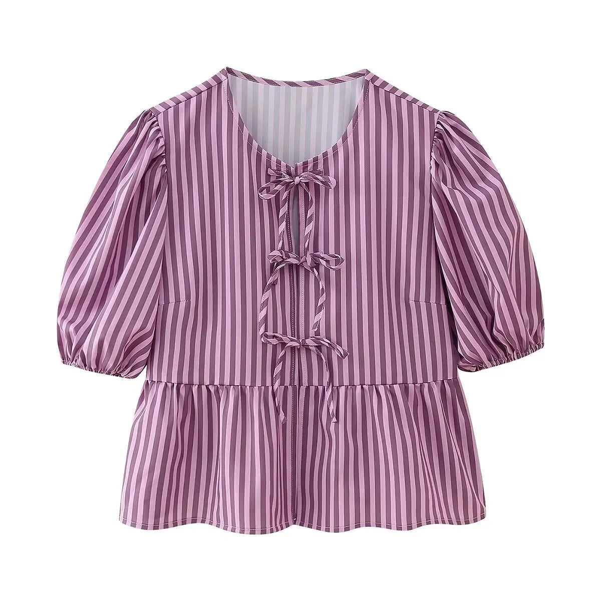 Summer Woman Bow Tied Lace Up Shirts Puff Short Sleeves Blouse Oneck Ruffle Color Tops