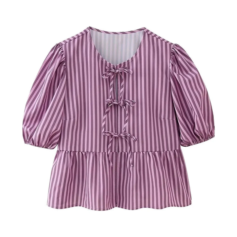 Summer Woman Bow Tied Lace Up Shirts Puff Short Sleeves Blouse Oneck Ruffle Color Tops
