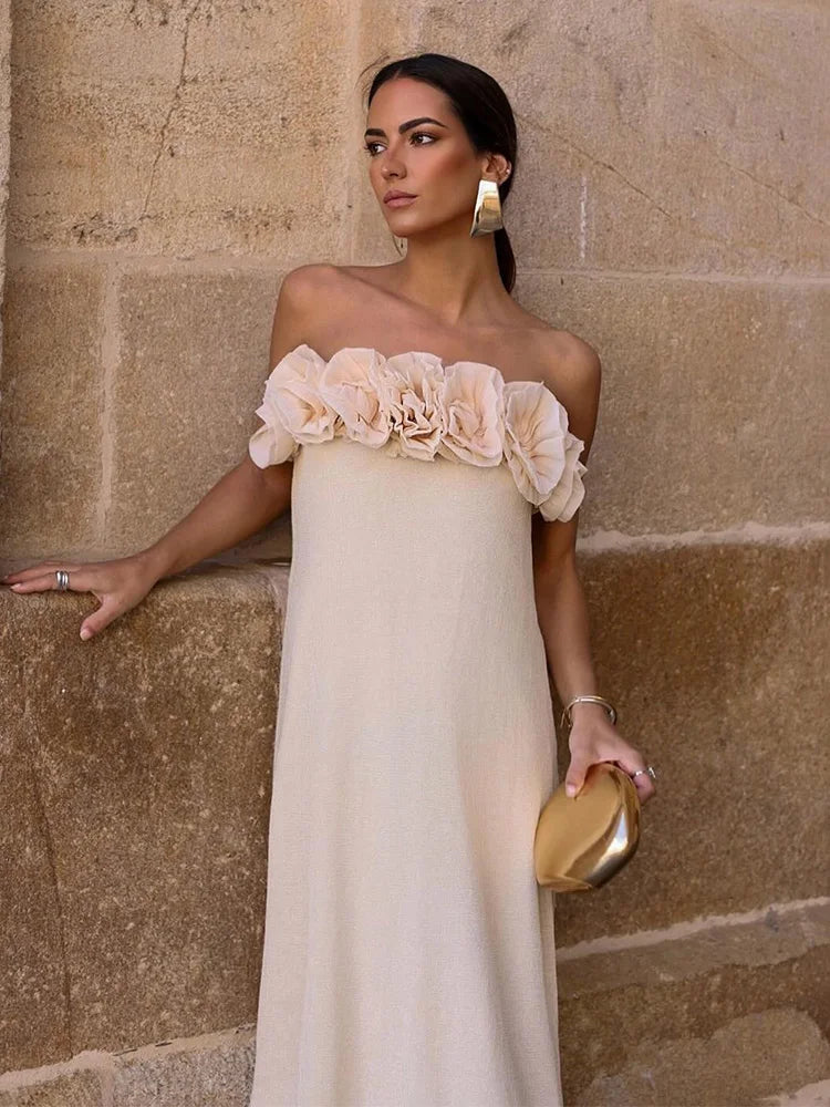 Summer Tube Long Dress 3d Flowers Decorate Strapless Dresses Female Sleeveless Slim Maxi Dress